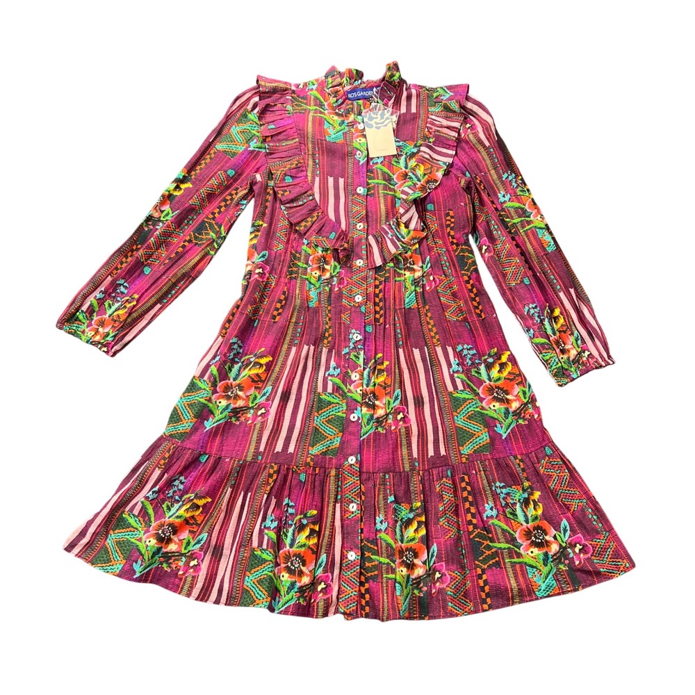 NWT ROS‎ GARDEN Roma Campeche Women's XS Ruffled Floral Print Shirt Dress Purple